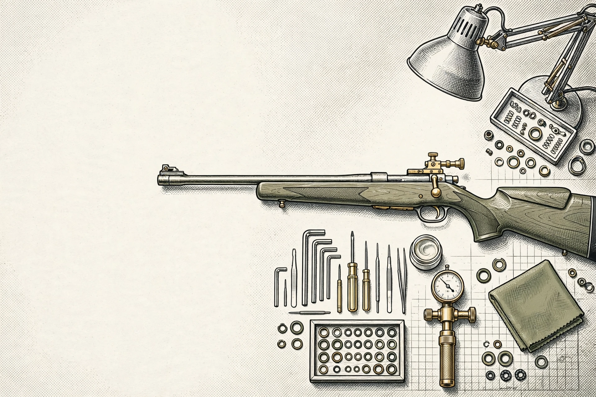 Illustration of a competition air rifle and precision repair tools arranged on a workbench